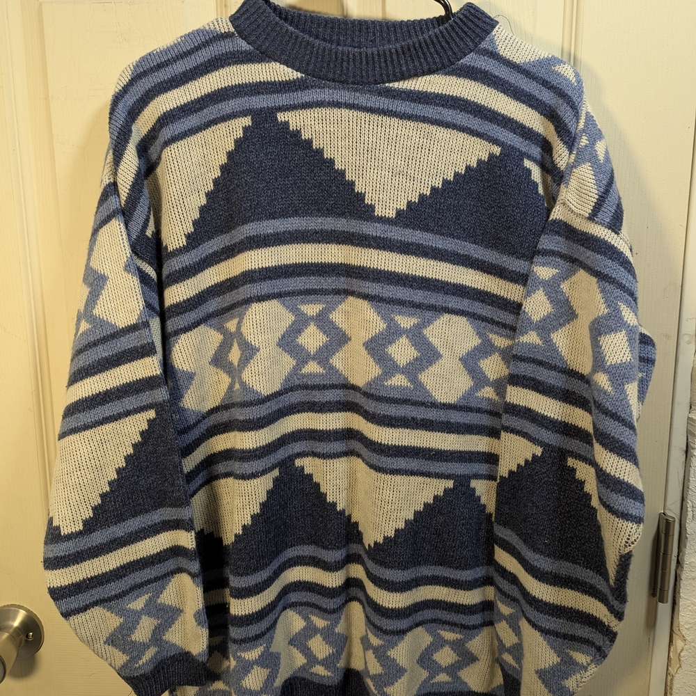Blue and White Geometric Pattern Sweater Made In USA